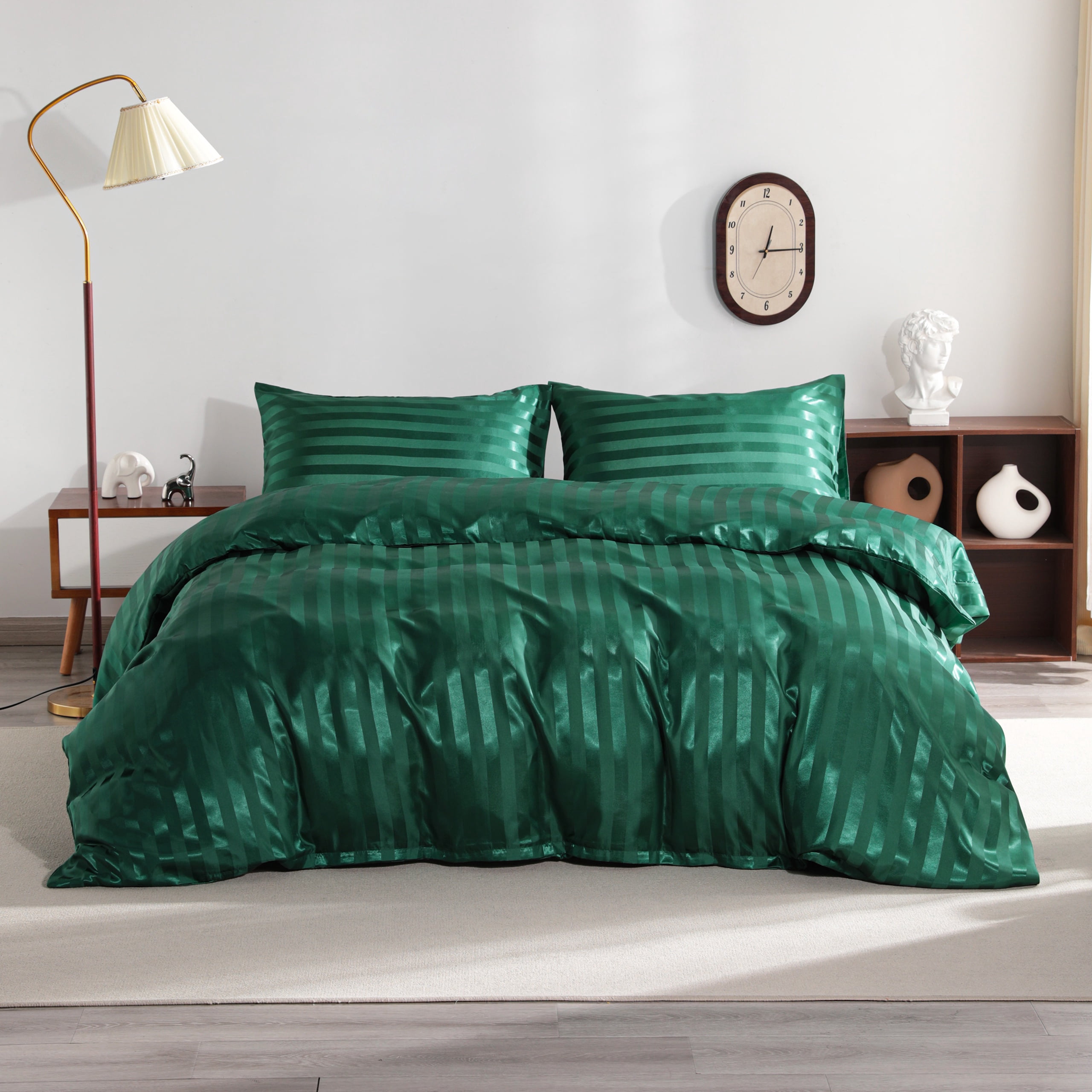 Ntbay 3-Pieces King Size Silky Satin Stripe Duvet Cover Set, Ultra Soft & Luxury Bedding Set with 1 Duvet Cover (No Comforter) & 2 Envelope Pillowcases (No Pillows), Dark Green