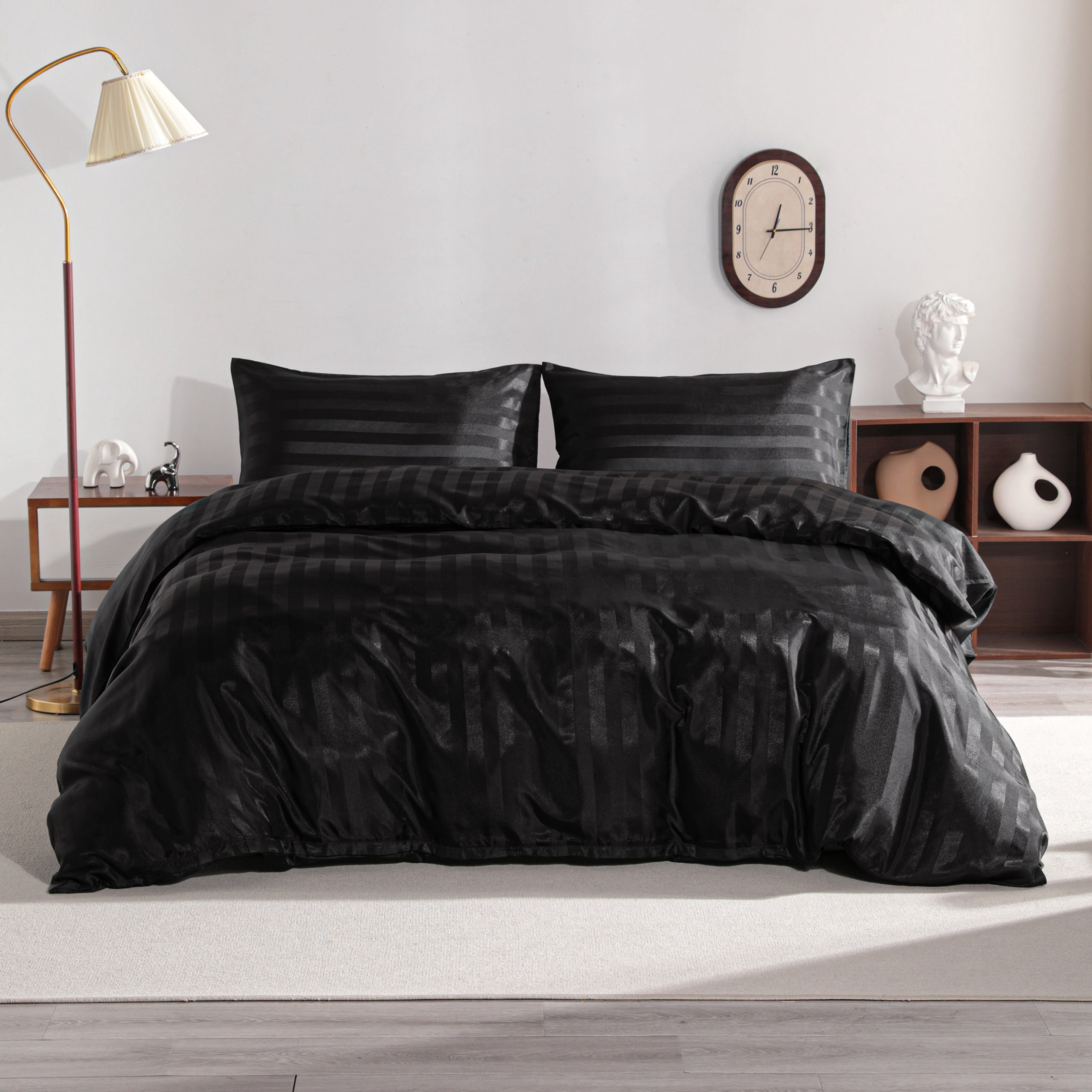 Ntbay 3-Pieces King Size Silky Satin Stripe Duvet Cover Set, Ultra Soft & Luxury Bedding Set with 1 Duvet Cover (No Comforter) & 2 Envelope Pillowcases (No Pillows), Black