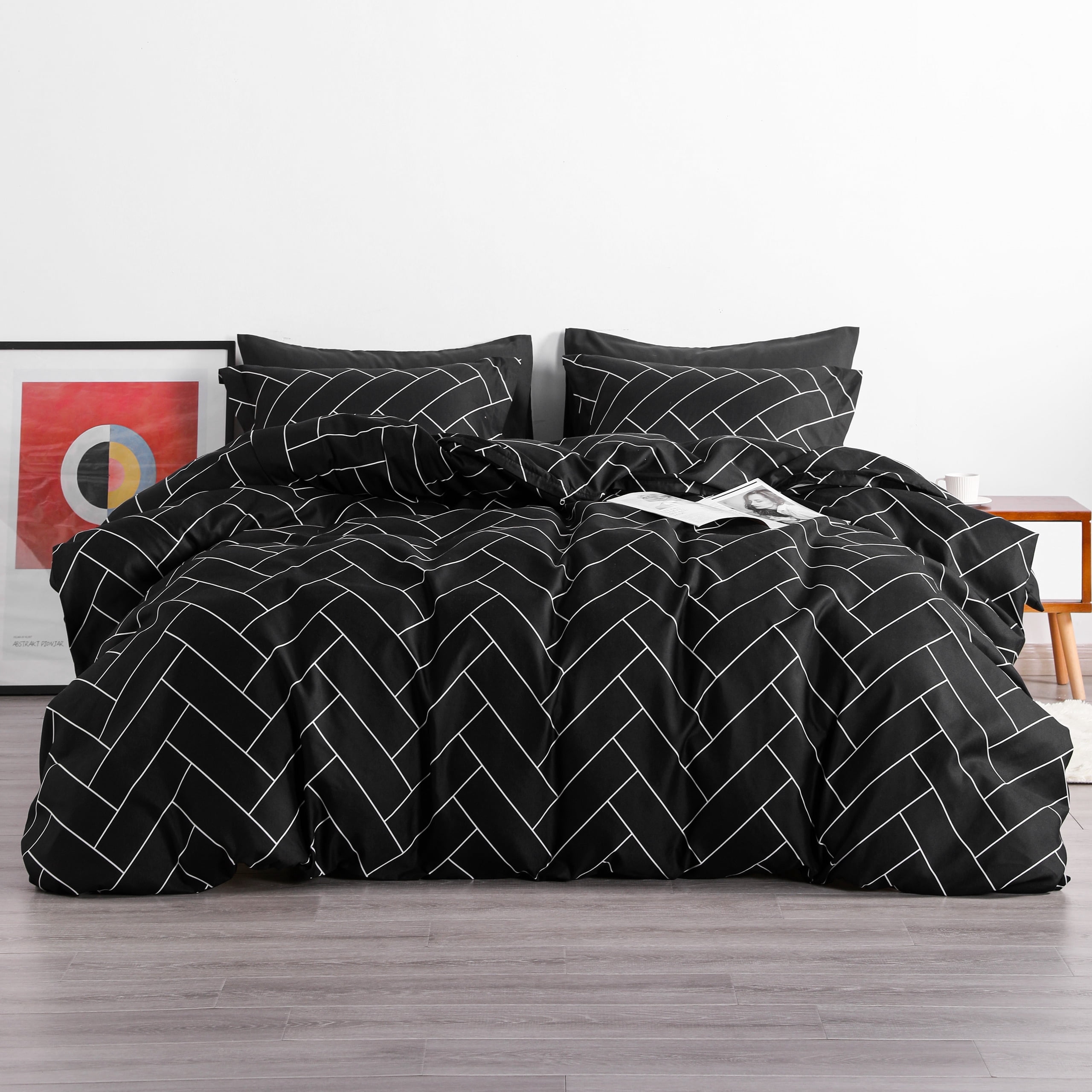 Ntbay 3-Pieces Microfiber Ultra Soft Brick Print Duvet Cover Set with Zipper Closure and Corner Ties, Black, Queen