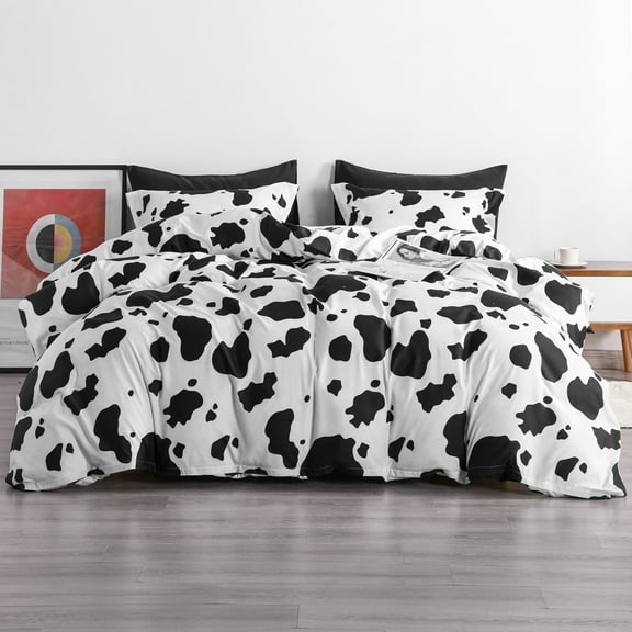 Ntbay 3-Pieces Microfiber Ultra Soft Cow Print Duvet Cover Set with Zipper Closure and Corner Ties, Black and White, Queen