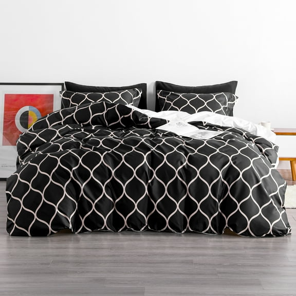 Ntbay 3-Pieces Microfiber Ultra Soft Curve Print Duvet Cover Set with Zipper Closure and Corner Ties, Black and Off White, Queen