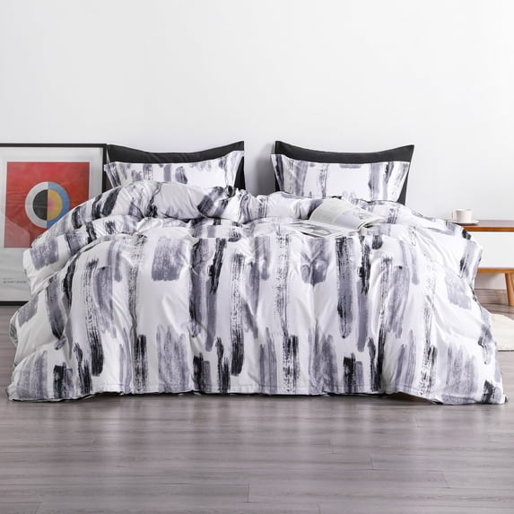 Ntbay 3-Pieces Microfiber Ultra Soft Ink Print Duvet Cover Set with Zipper Closure and Corner Ties, Black and White, Queen