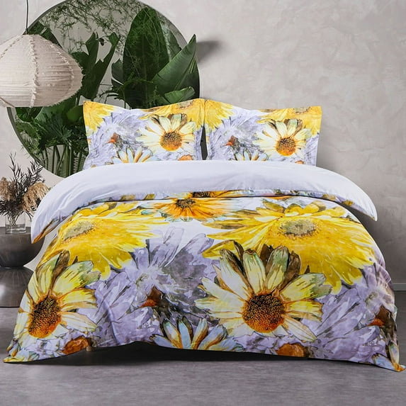 Ntbay 3-Pieces Microfiber Ultra Soft Sunflowers Print Duvet Cover Set with Zipper Closure and Corner Ties, Yellow and White, King