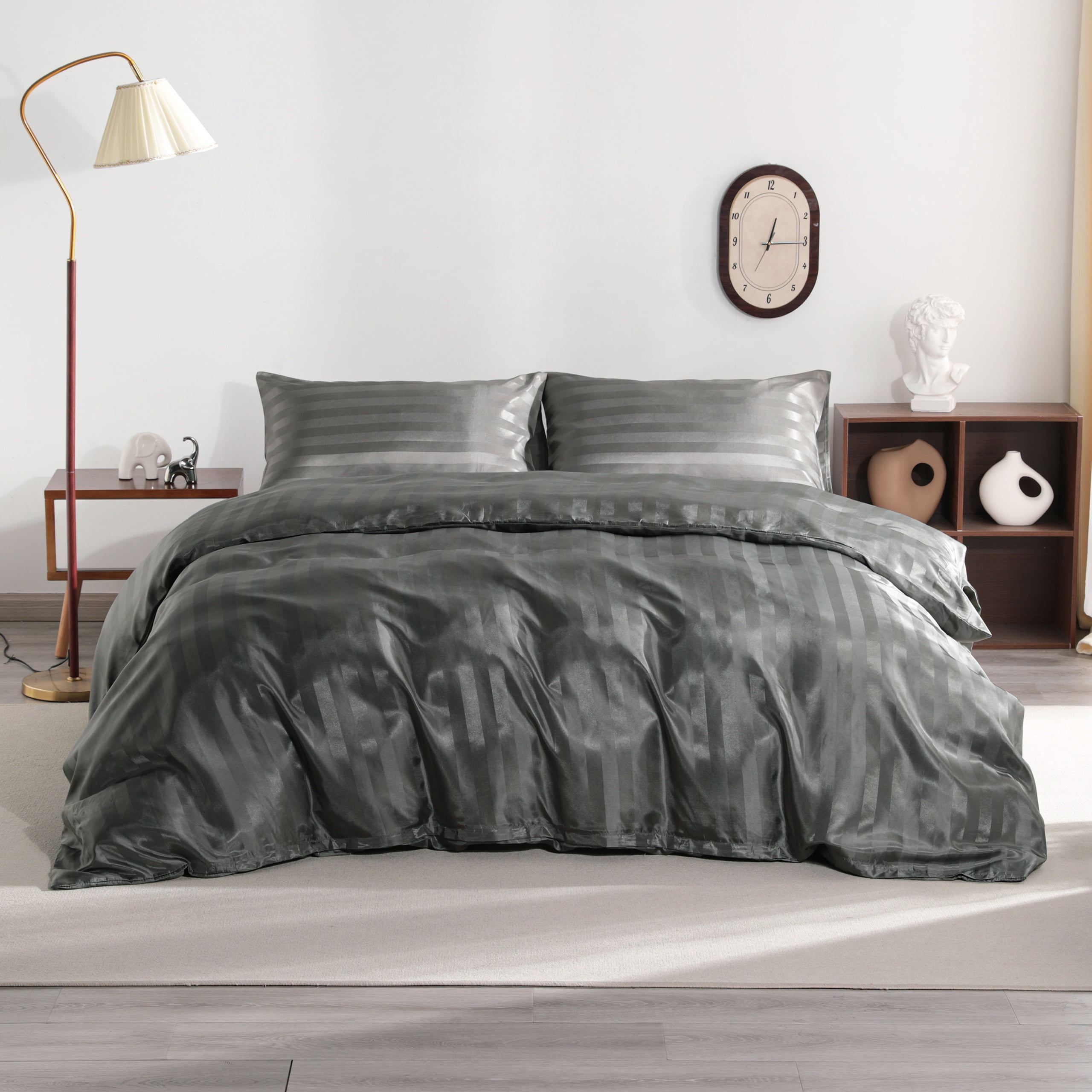 Ntbay 3-Pieces Queen Size Silky Satin Stripe Duvet Cover Set, Ultra Soft & Luxury Bedding Set with 1 Duvet Cover (No Comforter) & 2 Envelope Pillowcases (No Pillows), Dark Gray