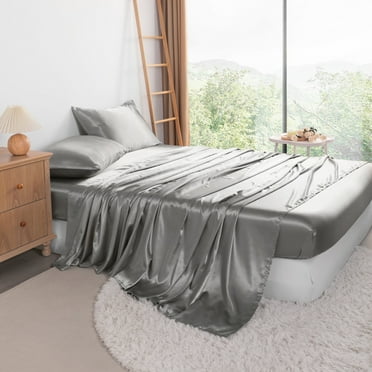 Ntbay 3 Pieces Silky Satin Twin Cooling Soft Bed Sheet Set, Includes 1 Flat Top Sheet, 1 Fitted Sheet with Deep Pocket, 1 Envelope Pillowcase, Grey