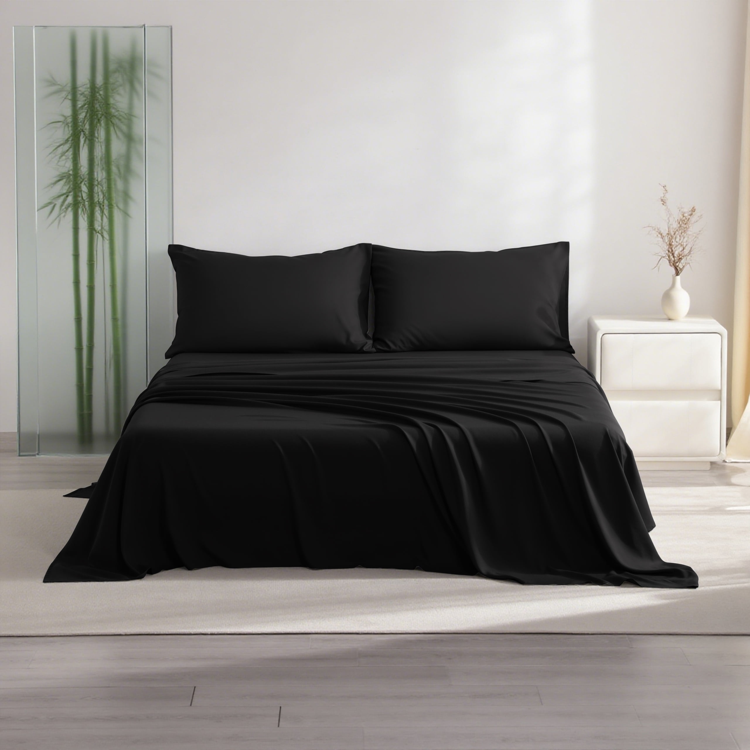 Ntbay 3-Pieces Twin Size Bamboo Bed Sheets Set, Ultra Breathable & Cooling Bedding Set with 1 Deep Pocket Fitted Sheet & 1 Flat Sheet & 1 Envelope Pillowcases, Black