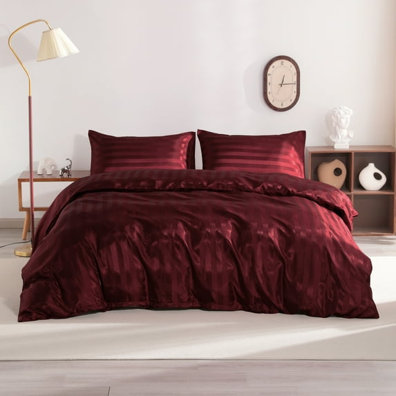 Ntbay 3-Pieces Twin Size Silky Satin Stripe Duvet Cover Set, Ultra Soft & Luxury Bedding Set with 1 Duvet Cover (No Comforter) & 2 Envelope Pillowcases (No Pillows), Wine Red