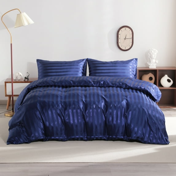 Ntbay 3-Pieces Twin Size Silky Satin Stripe Duvet Cover Set, Ultra Soft & Luxury Bedding Set with 1 Duvet Cover (No Comforter) & 2 Envelope Pillowcases (No Pillows), Navy Blue