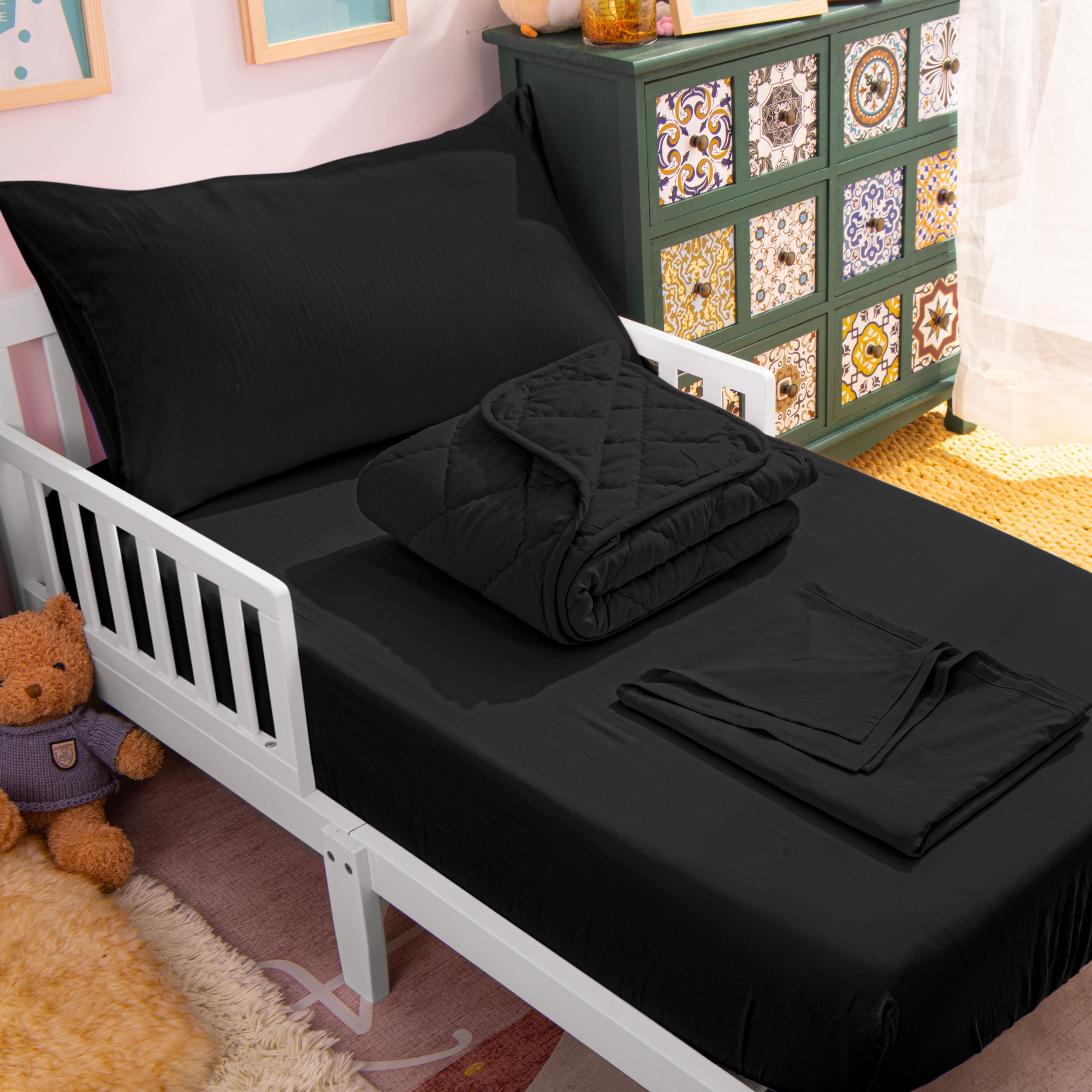 Ntbay 4 Piece Microfiber Baby Bedding Set Includes Comforter Fitted Sheet Top Sheet Pillowcase Black Walmart