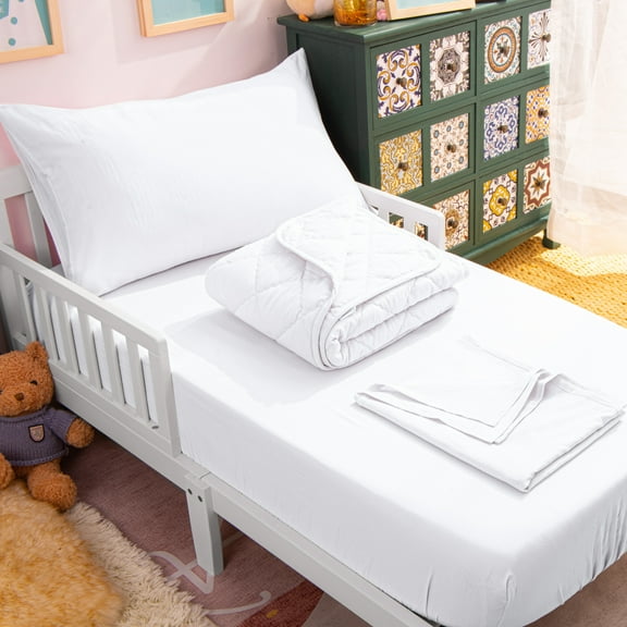 Ntbay 4 Piece Microfiber Toddler Bedding Set, Ultra Soft and Breathable Crib Sheet Set, Includes Quilted Comforter, Fitted Sheet, Flat Top Sheet and Envelope Pillowcase, White