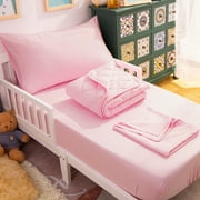 Ntbay 4 Piece Microfiber Toddler Bedding Set, Ultra Soft and Breathable Crib Sheet Set, Includes Quilted Comforter, Fitted Sheet, Flat Top Sheet and Envelope Pillowcase, Pink