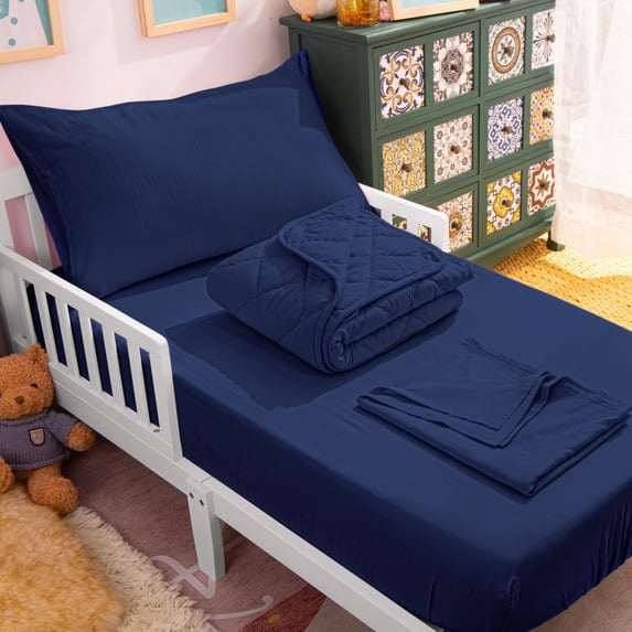 Ntbay 4 Piece Microfiber Toddler Bedding Set, Ultra Soft and Breathable Crib Sheet Set, Includes Quilted Comforter, Fitted Sheet, Flat Top Sheet and Envelope Pillowcase, Navy Blue