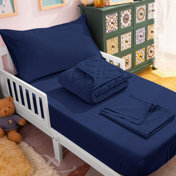 Ntbay 4 Piece Microfiber Toddler Bedding Set, Ultra Soft and Breathable Crib Sheet Set, Includes Quilted Comforter, Fitted Sheet, Flat Top Sheet and Envelope Pillowcase, Navy Blue