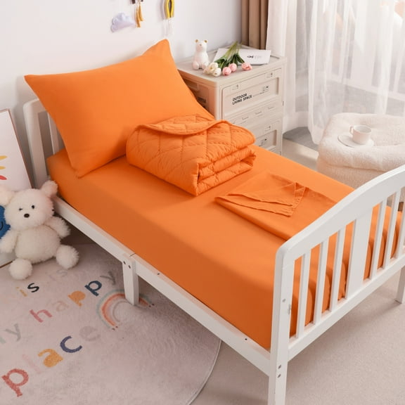 Ntbay 4 Piece Microfiber Toddler Bedding Set, Ultra Soft and Breathable Crib Sheet Set, Includes Quilted Comforter, Fitted Sheet, Flat Top Sheet and Envelope Pillowcase, Orange
