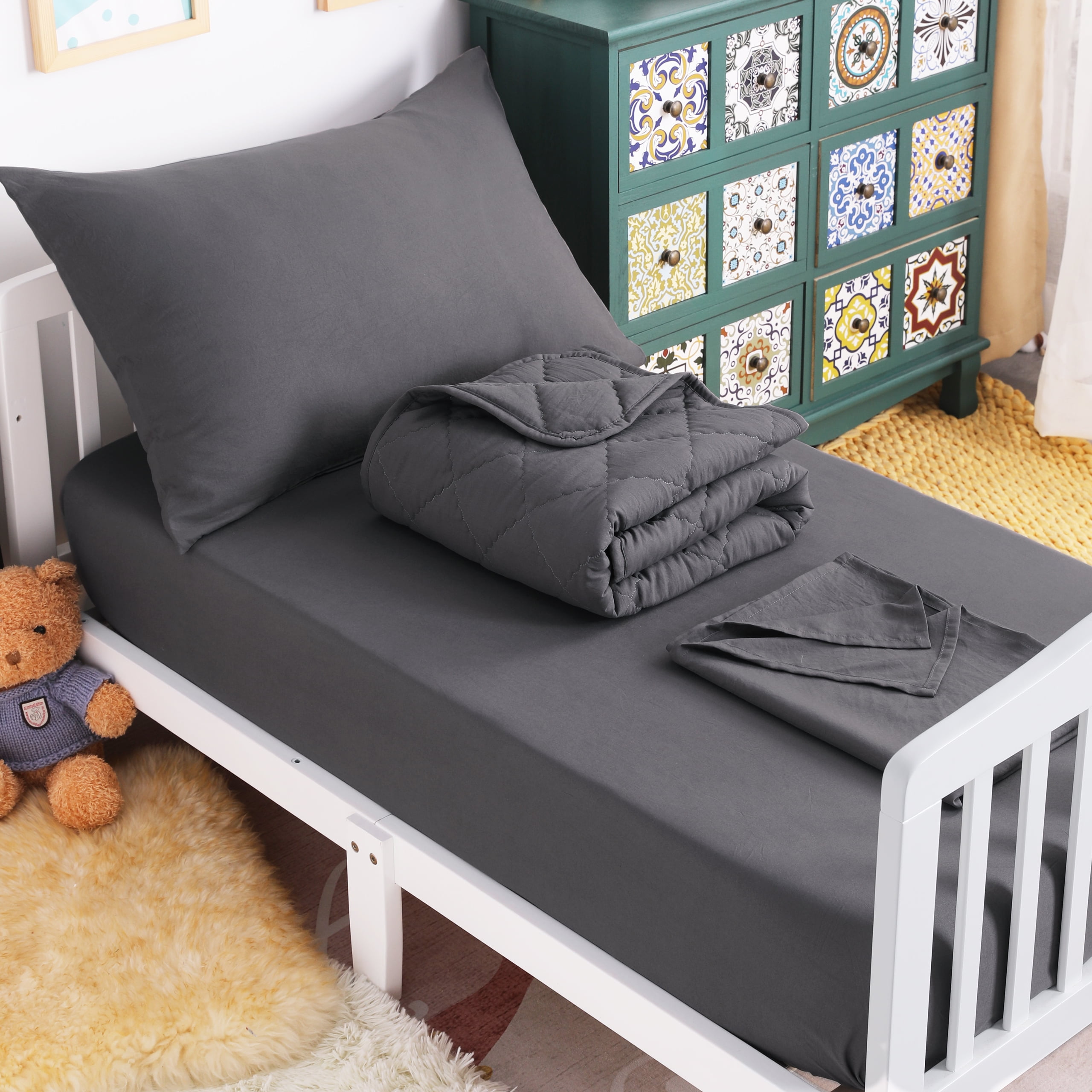Ntbay 4 Piece Microfiber Toddler Bedding Set, Ultra Soft and Breathable Crib Sheet Set, Includes Quilted Comforter, Fitted Sheet, Flat Top Sheet and Envelope Pillowcase, Dark Gray
