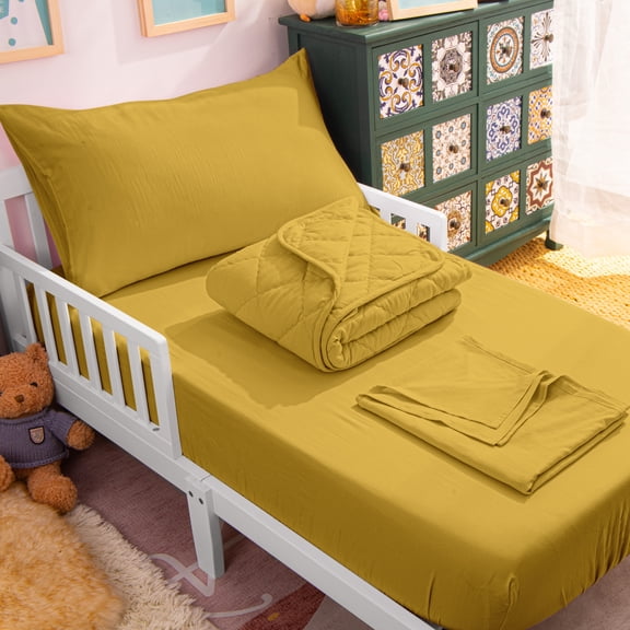 Ntbay 4 Piece Microfiber Toddler Bedding Set, Ultra Soft and Breathable Crib Sheet Set, Includes Quilted Comforter, Fitted Sheet, Flat Top Sheet and Envelope Pillowcase, Yellow