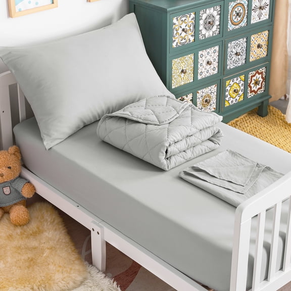 Ntbay 4 Piece Microfiber Toddler Bedding Set, Ultra Soft and Breathable Crib Sheet Set, Includes Quilted Comforter, Fitted Sheet, Flat Top Sheet and Envelope Pillowcase, Light Gray