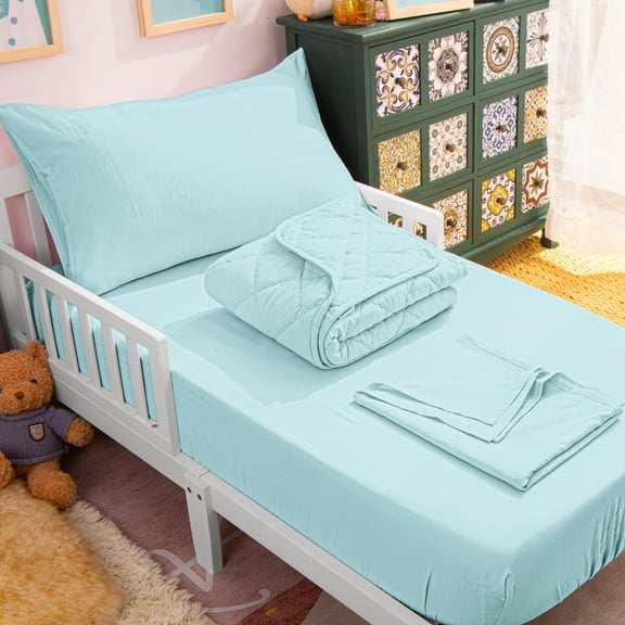 Ntbay 4 Piece Microfiber Toddler Bedding Set, Ultra Soft and Breathable Crib Sheet Set, Includes Quilted Comforter, Fitted Sheet, Flat Top Sheet and Envelope Pillowcase, Aqua Blue