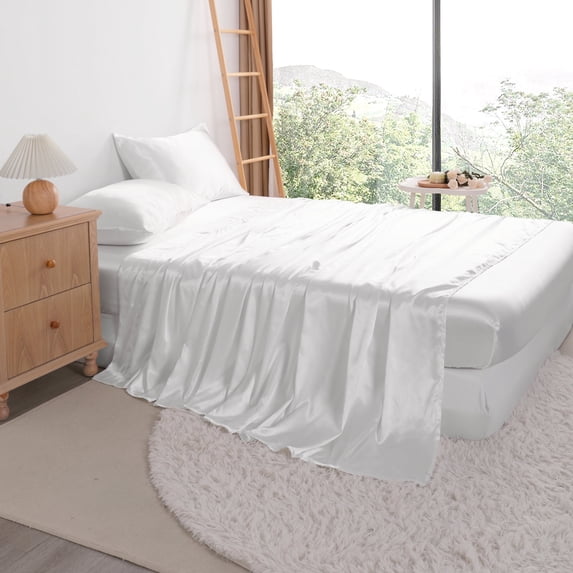 Ntbay 4 Pieces Silky Satin Queen Cooling Soft Bed Sheet Set, Includes 1 Flat Top Sheet, 1 Fitted Sheet with Deep Pocket, 2 Envelope Pillowcase, White
