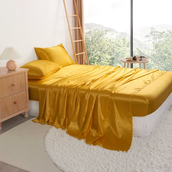 Ntbay 4 Pieces Silky Satin Queen Cooling Soft Bed Sheet Set, Includes 1 Flat Top Sheet, 1 Fitted Sheet with Deep Pocket, 2 Envelope Pillowcase, Golden Brown