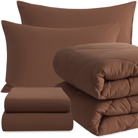 Ntbay 5 Piece Twin Bedding Comforter Set, Ultra Soft and Breathable Bed in a Bag, Includes Quilted Comforter, Fitted Sheet, Flat Top Sheet, 2 Envelope Pillowcases, Brown