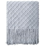 Ntbay Acrylic Knitted Throw Blanket with 7" Tassels, Lightweight and Soft Cozy Decorative Woven Blanket for Travel, Couch, Bed, Sofa, 51" x 67", Light Gray Chec