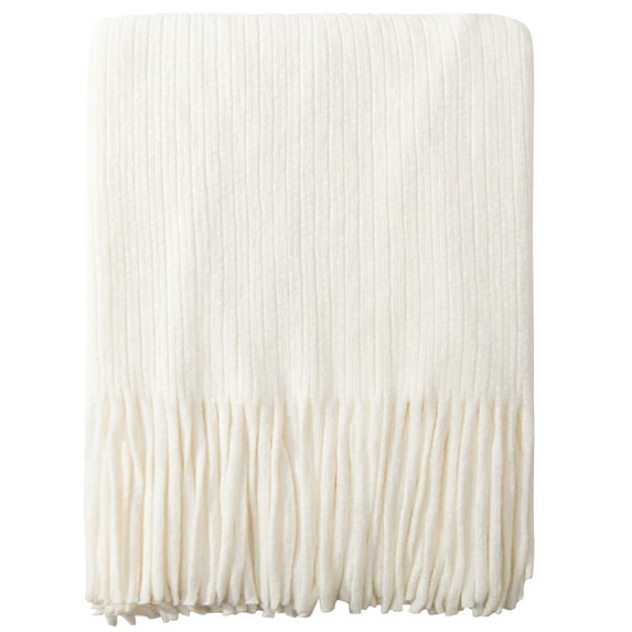 Ntbay Acrylic Knitted Throw Blanket with 7" Tassels, Lightweight and Soft Cozy Decorative Woven Blanket for Travel, Couch, Bed, Sofa, 51" x 67", White Striped