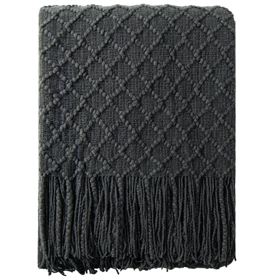 Ntbay Acrylic Knitted Throw Blanket with 7" Tassels, Lightweight and Soft Cozy Decorative Woven Blanket for Travel, Couch, Bed, Sofa, 51" x 67", Dark Gray Checkered