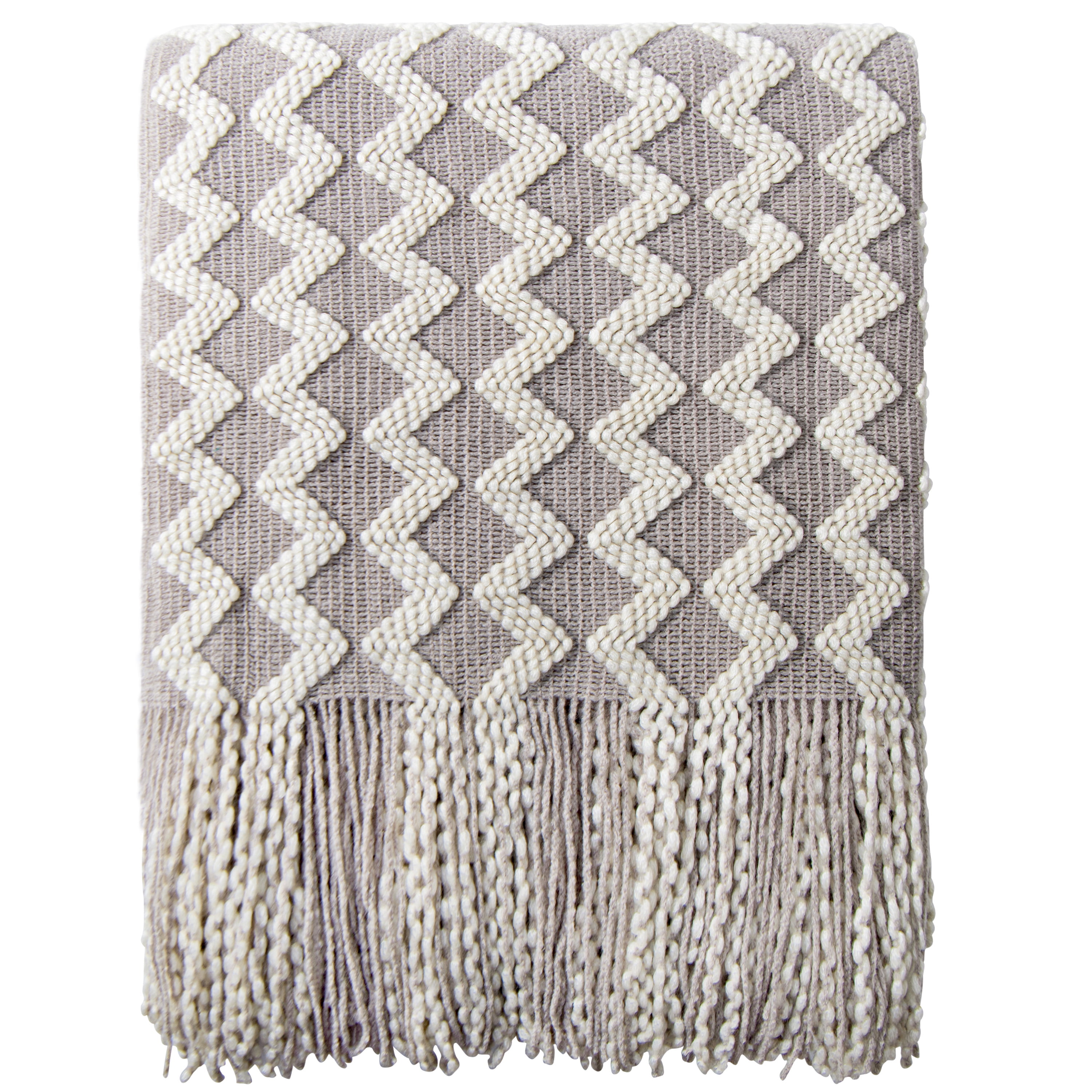 Ntbay Acrylic Knitted Throw Blanket with 7" Tassels, Lightweight and Soft Cozy Decorative Woven Blanket for Travel, Couch, Bed, Sofa, 51" x 67", Light Gray Wave