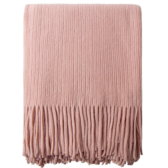 Ntbay Acrylic Knitted Throw Blanket with 7" Tassels, Lightweight and Soft Cozy Decorative Woven Blanket for Travel, Couch, Bed, Sofa, 51" x 67", Light Pink Striped