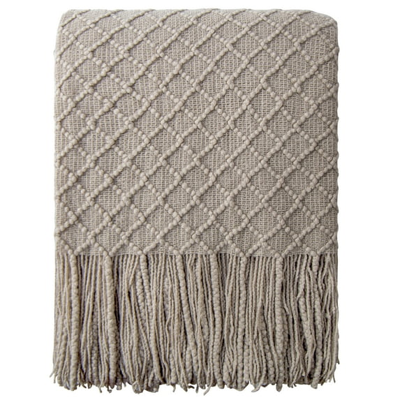 Ntbay Acrylic Knitted Throw Blanket with 7" Tassels, Lightweight and Soft Cozy Decorative Woven Blanket for Travel, Couch, Bed, Sofa, 51" x 67", Taupe Checkered