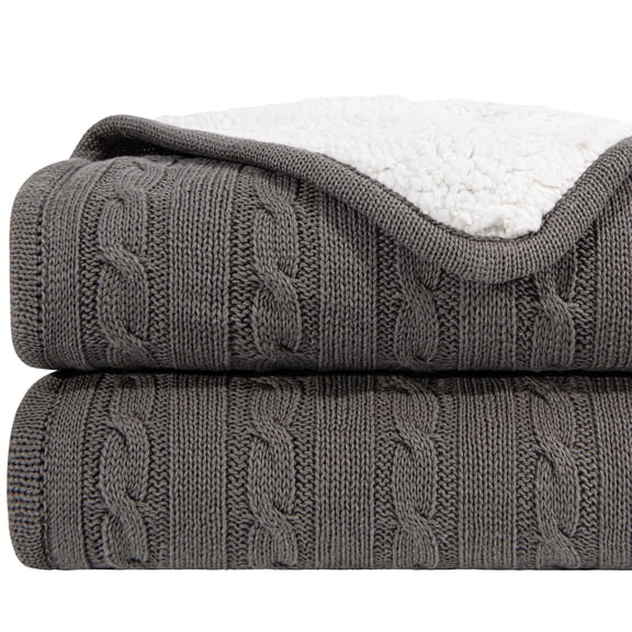 Ntbay Cotton Cable Knit Sherpa Throw Blanket for Couch, Soft Warm Fleece Knitted Throw for Bed, Sofa, Chair - Extra Cozy, Machine Washable, Comfortable Home Decor, 51"x67", Gray