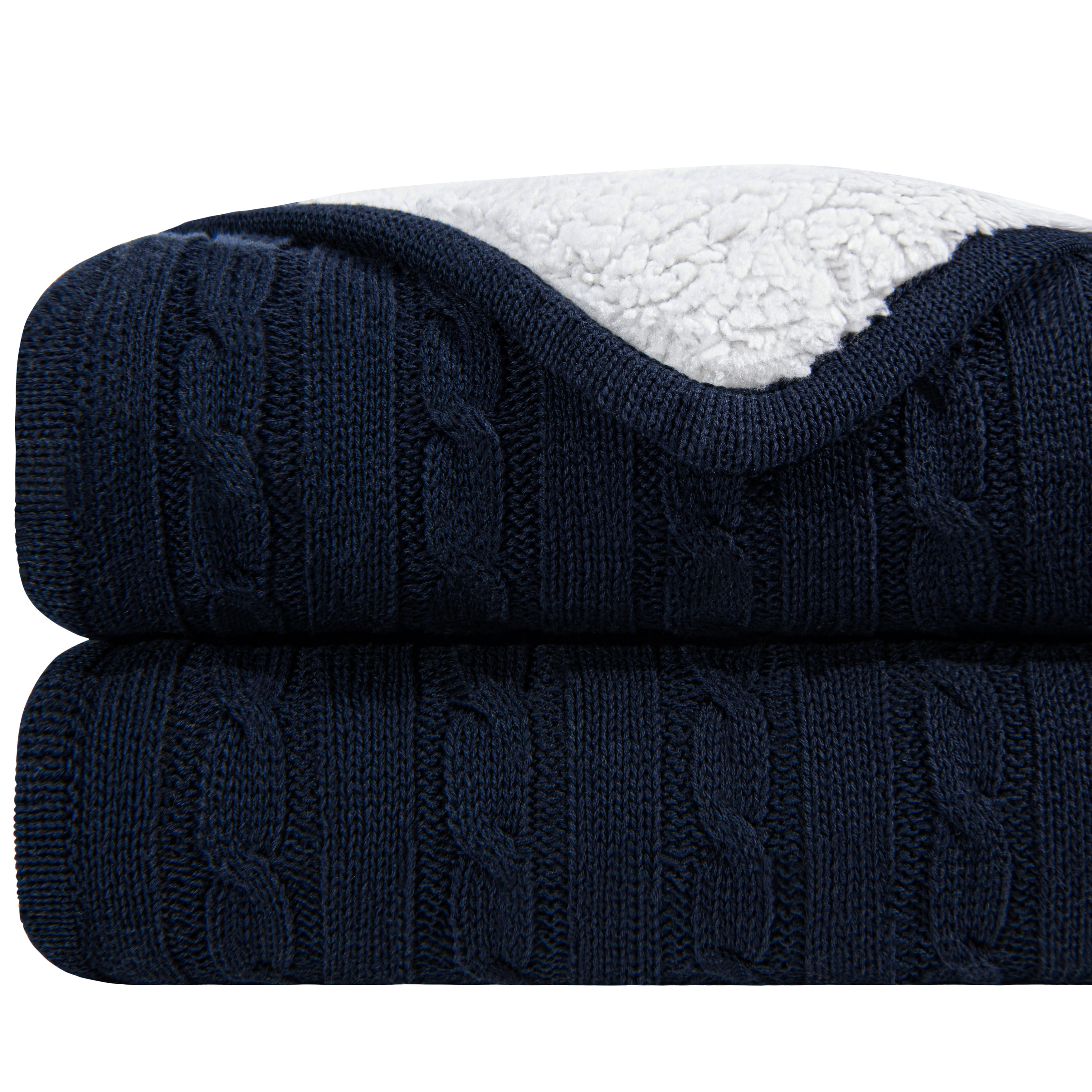 Navy Blue Cotton Cable Knit Sherpa Throw Blanket 51" x 67"
