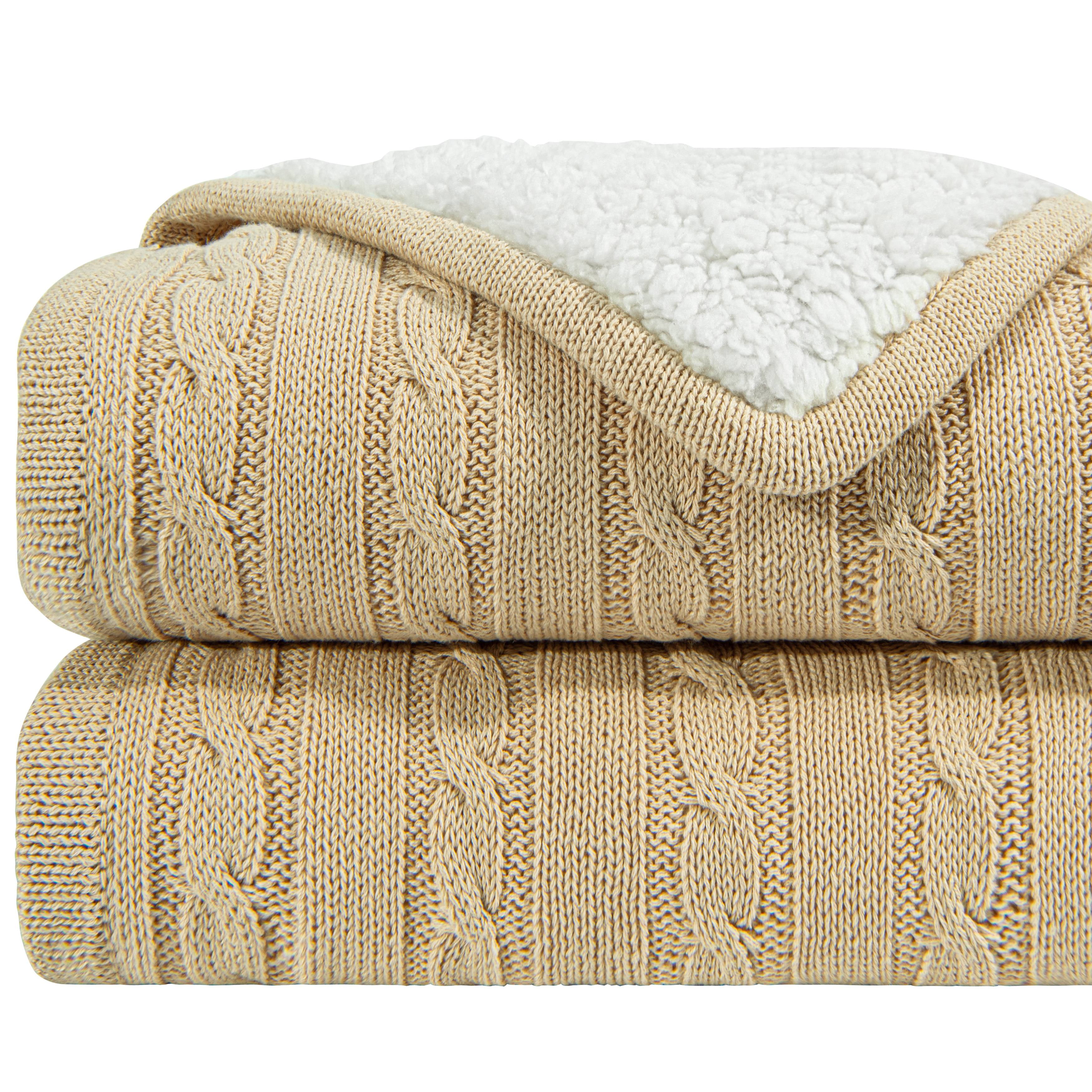 Ntbay Cotton Cable Knit Sherpa Throw Blanket for Couch, Soft Warm Fleece Knitted Throw for Bed, Sofa, Chair - Extra Cozy, Machine Washable, Comfortable Home Decor, 51"x67", Khaki