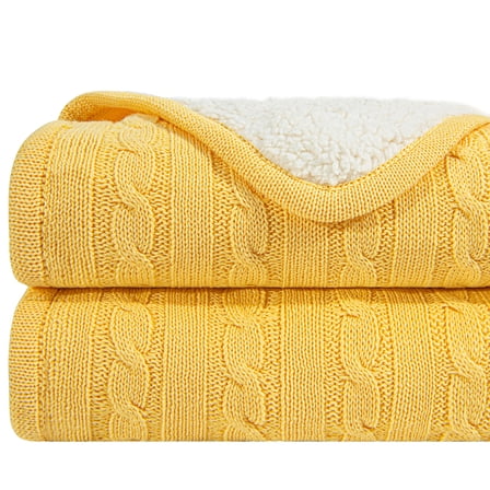 Ntbay Cotton Cable Knit Sherpa Twin Blanket for Couch, Soft Warm Fleece Knitted Throw for Bed, Sofa, Chair - Extra Cozy, Machine Washable, Comfortable Home Decor, 60"x80", Yellow