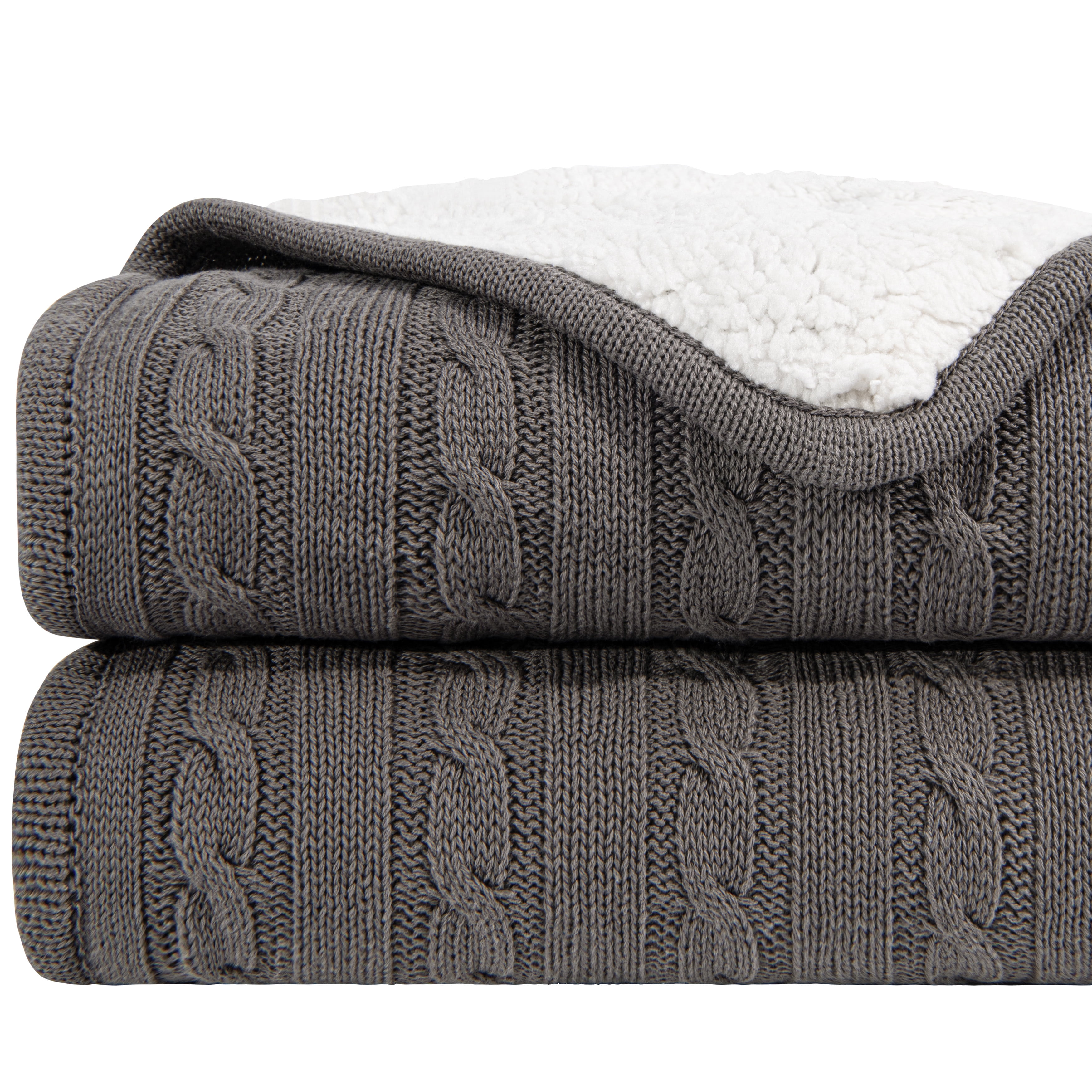 Ntbay Cotton Cable Knit Sherpa Twin Blanket for Couch, Soft Warm Fleece Knitted Throw for Bed, Sofa, Chair - Extra Cozy, Machine Washable, Comfortable Home Decor, 60"x80", Gray
