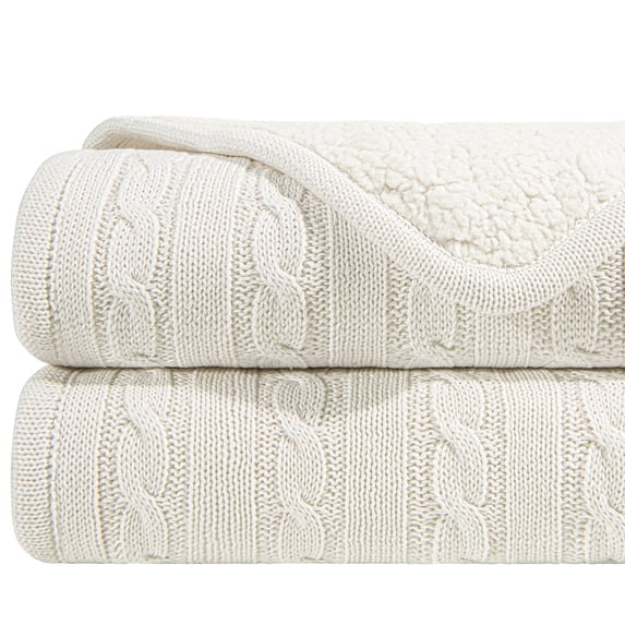 Ntbay Cotton Cable Knit Sherpa Twin Blanket for Couch, Soft Warm Fleece Knitted Throw for Bed, Sofa, Chair - Extra Cozy, Machine Washable, Comfortable Home Decor, 60"x80", White