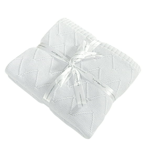 Ntbay Rayon Cotton Cable Knitted Throw Blanket, Soft and Breathable Chevron Textured RPET Decorative Blanket for Couch, Sofa, Bed, 51x67 Inches, White