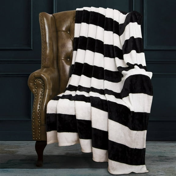 Ntbay Soft Flannel Throw Blanket Twin Size, Warm Lightweight Bed Blanket with Black and White Striped Printed, 68" x 90"