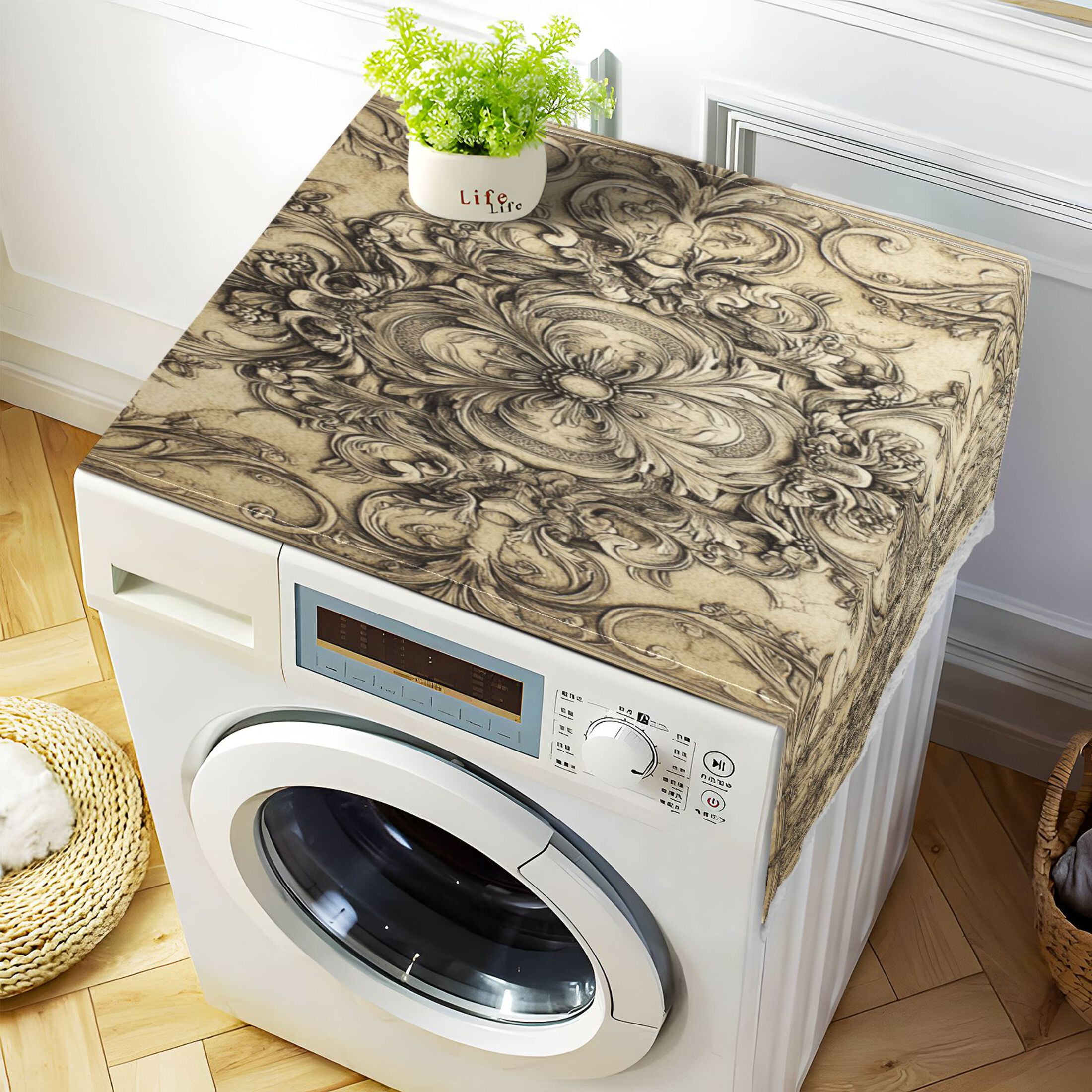 Ntricate Details PatternWasher and Dryer Covers Dust-Proof and Oil Resistant Fridge Cover with 4 Storage Pockets Washing Machine Top Cover for Laundry Kitchen Home 51.2 x 22 In