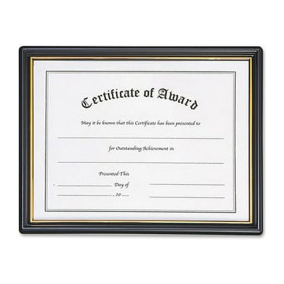 Nu-Dell Elegant Black Plastic Frame Certificate Holder, 11" x 8.50", Horizontal, Gold Trim