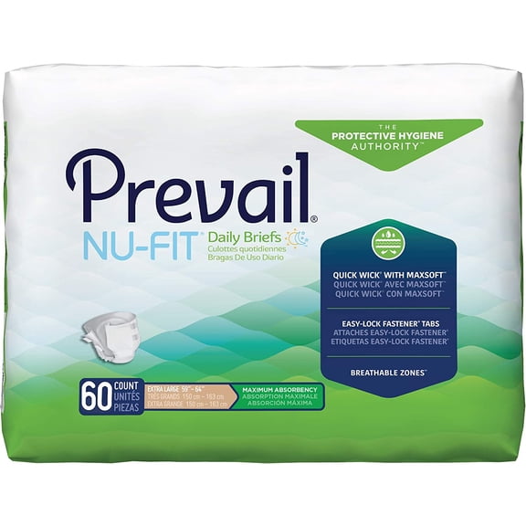 Prevail Nu-Fit Incontinence Briefs, Unisex, Disposable, with Tabs for, Maximum Absorbency, X-Large, 60 Count (4 Packs of 15)