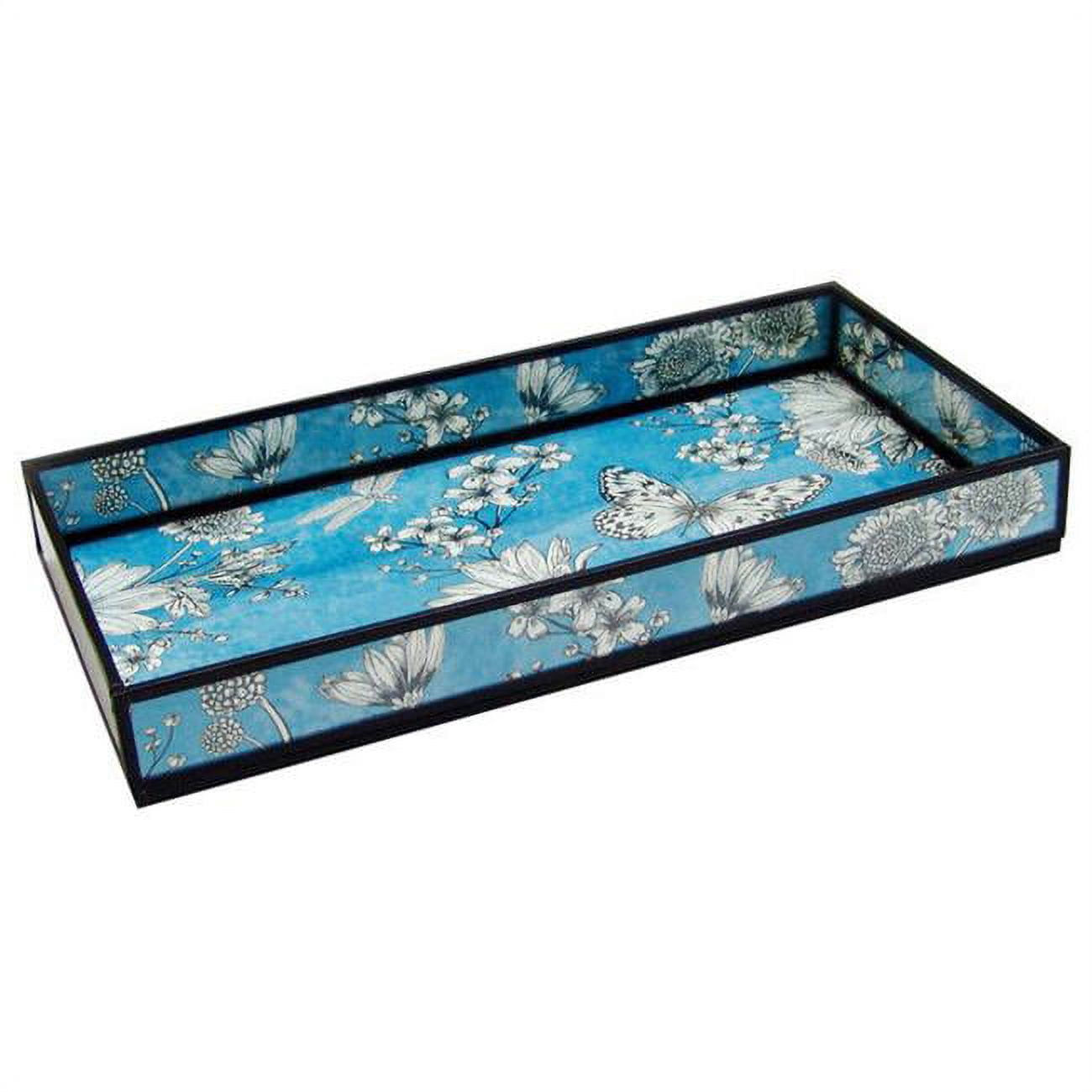 Blue Floral Rectangular Glass Decorative Tray