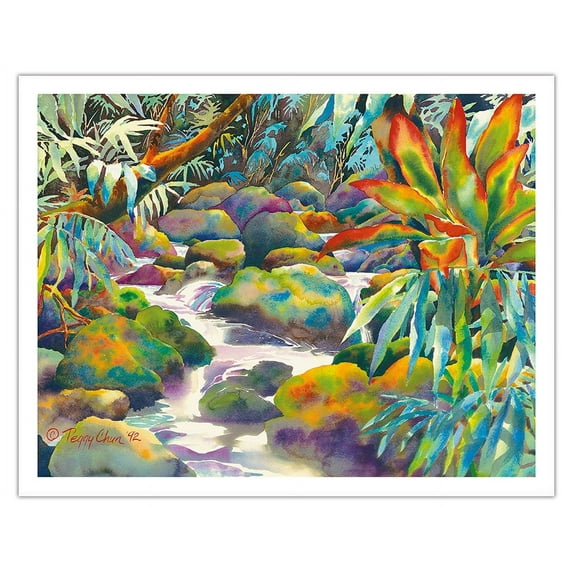 Nuʻuanu Stream - Honolulu Oahu Hawaii - From an Original Hawaii Watercolor Painting by Peggy Chun - Fine Art Matte Paper Print (Unframed) 11x14in