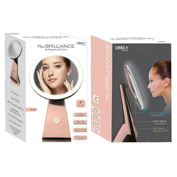 NuBrilliance 8” Magnifying Makeup Mirror Cordless USB Rechargeable Dimmable Lighting Touch Control  Rose Gold