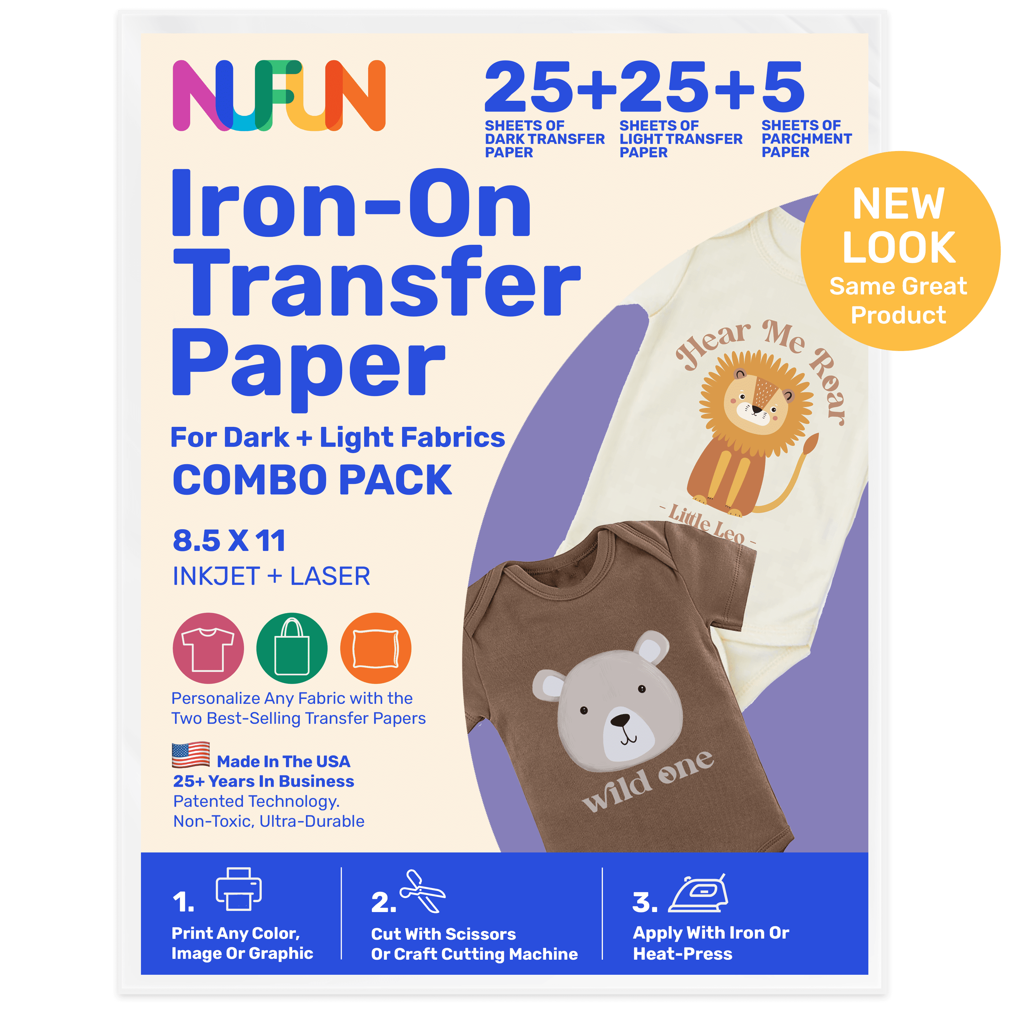 NuFun Activities Laser Printable Iron-On Heat Transfer Paper for Light Fabrics, 20 Sheets 8.5 x 11 inch, Made in The USA