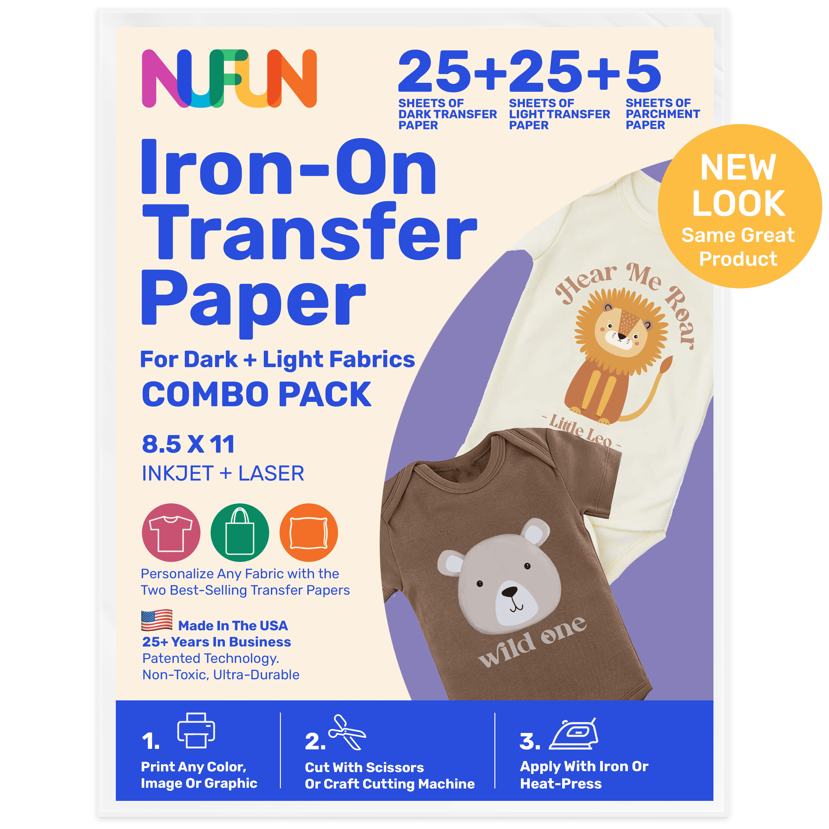 NuFun Activities Inkjet Printable Iron-On Heat Transfer Paper, Light and Dark Combo Pack, 8.5 X 11 Inch, 25 Sheets Light/25 Sheets Dark