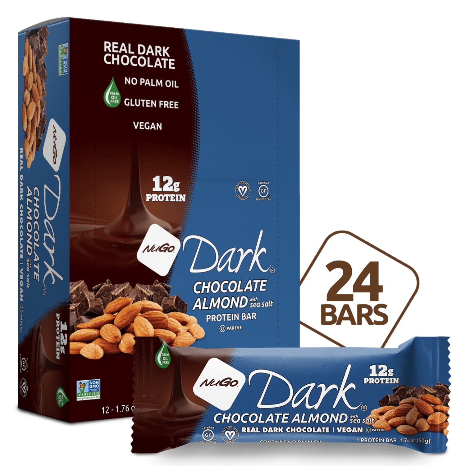 NuGo Dark Chocolate Almond with Sea Salt, 12g Protein, Vegan, Gluten Free, Kosher Pareve, 24 Count