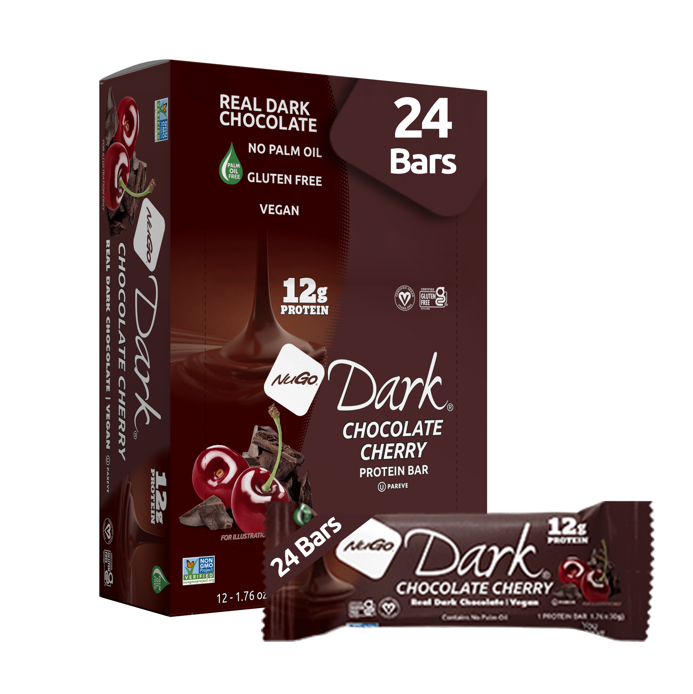NuGo Dark Chocolate Cherry, 12g Protein Bar, Vegan, Gluten Free, Non-GMO, Kosher Pareve, 24 count