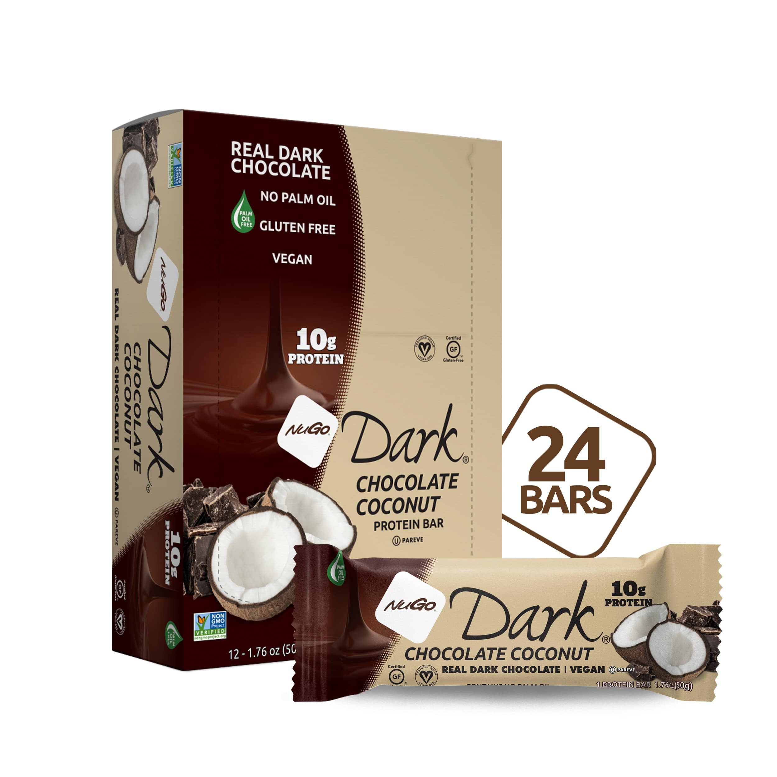NuGo Dark Chocolate Coconut, 10g Protein, Vegan, Gluten Free, Kosher Pareve, 24 Count